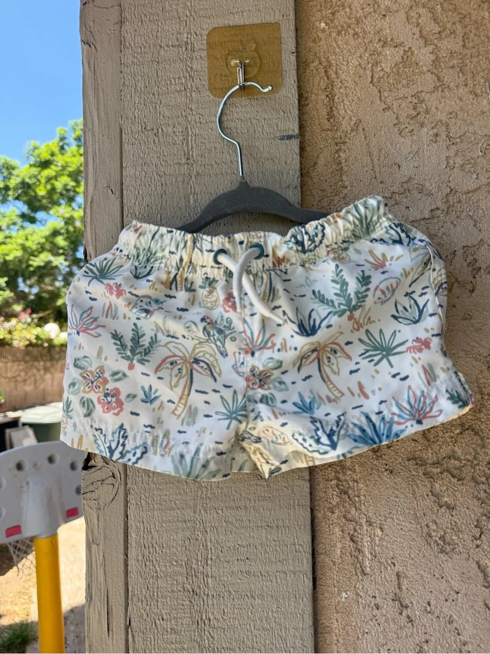 Kids White Tropical Print Swim Trunks with Drawstring